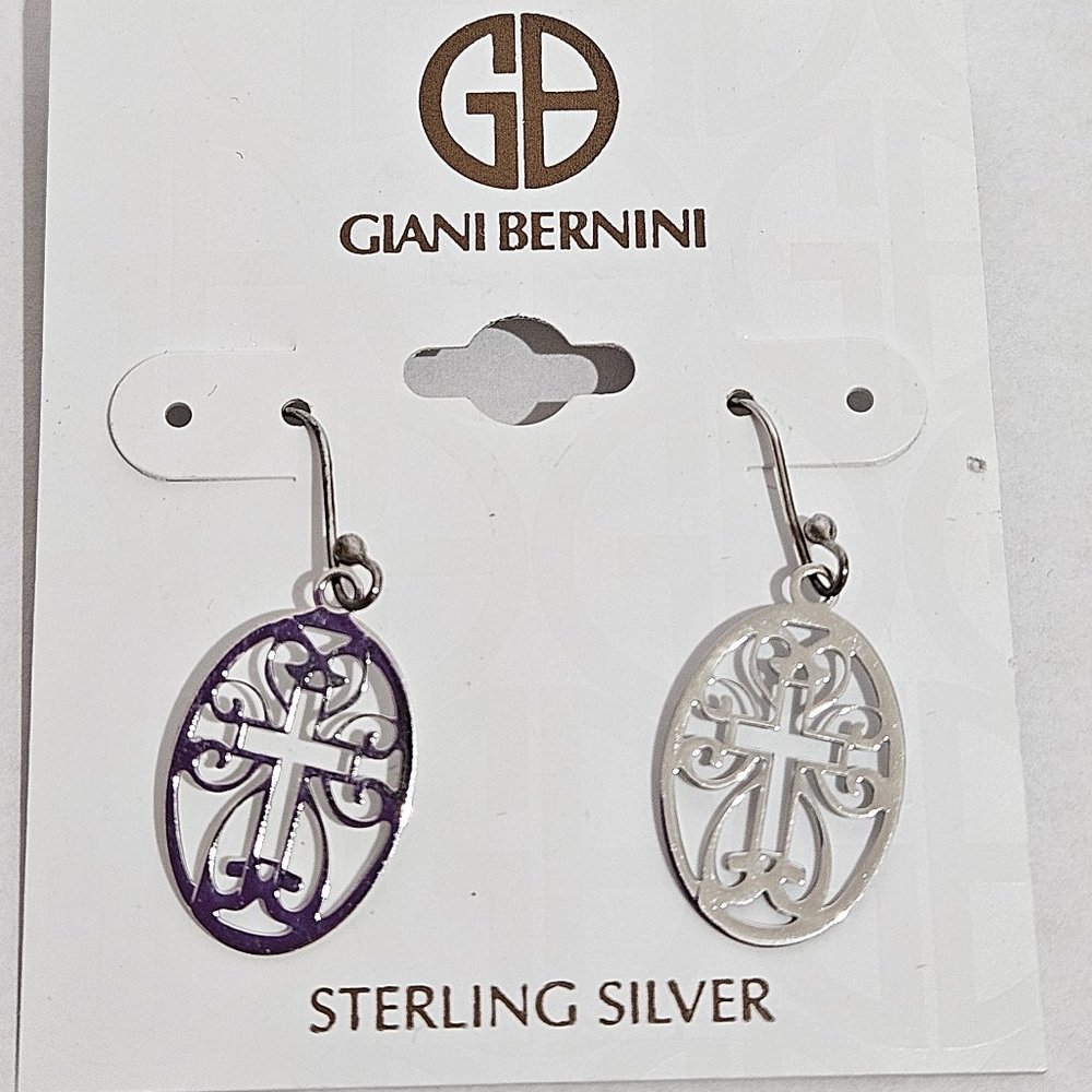Main and Sterling Silver Laser Cut Cross Oval Drop Earrings